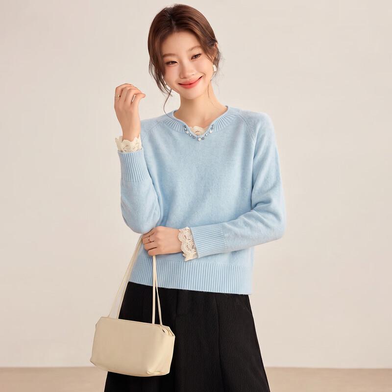 Shexi 100% Wool Knit Sweater with Lace Trim