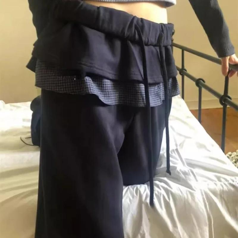 European and American Women's Autumn and Winter Cute Small Grid Lotus Leaf Patchwork Skirt Pants Elastic Waist Casual Pants