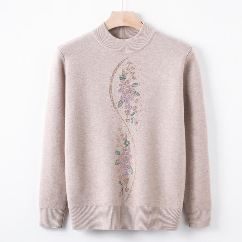 Medium and Elderly Women's Clothing Autumn and Winter Fleece Thickened Integrated Fleece Knitted Crew Neck Top Mother Clothing Warm Wool Clothes