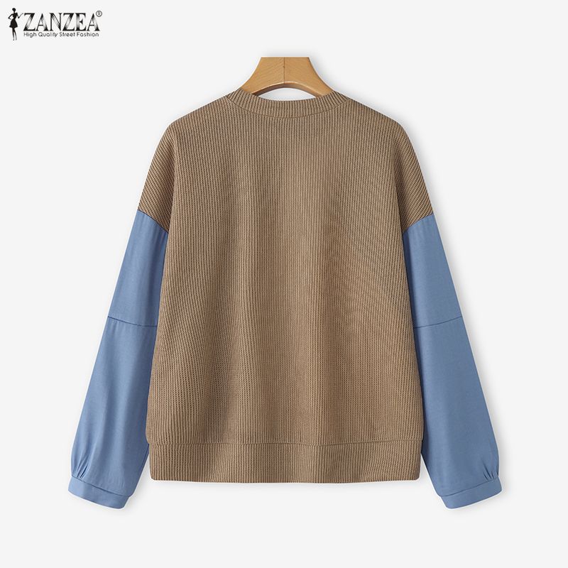 ZANZEA Women Casual Round Neck Long Sleeve Loose Patchwork Pullover Sweatshirt