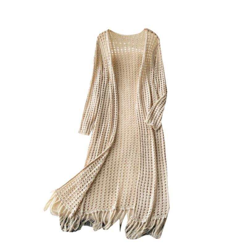 Fancy Idle Style Mid Length Long Length Cardigan Shawl Women's Seaside Holiday Travel Sun Protection Cut Out Knitting Tassel Outwear