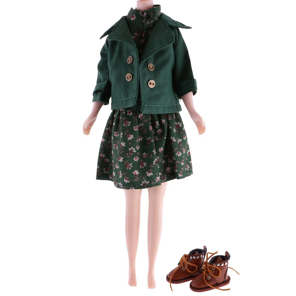 Fashion Floral Sleeveless Dress & PU Leather Boots Shoes for 12'' Doll Costume ACCS