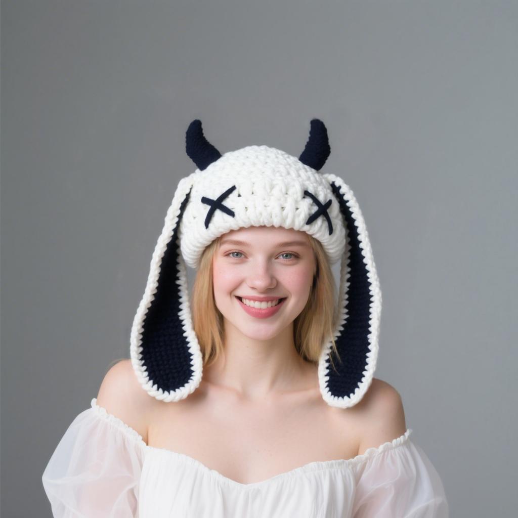 Japanese Popular Funny Devil Corner Crochet Knitted Beanie Hat Handmade Cute Long Ear Warm Cover Warm Wool Hat Spot