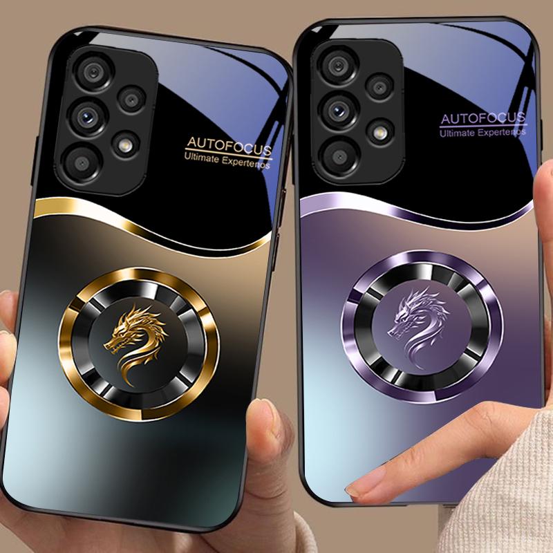 Gradual Round Dragon For Samsung Galaxy S 8 9 10 20 Plus 21 FE 22 23 24 Ultra S7 Edge Black Tempered Glass Phone Case Hard Shell