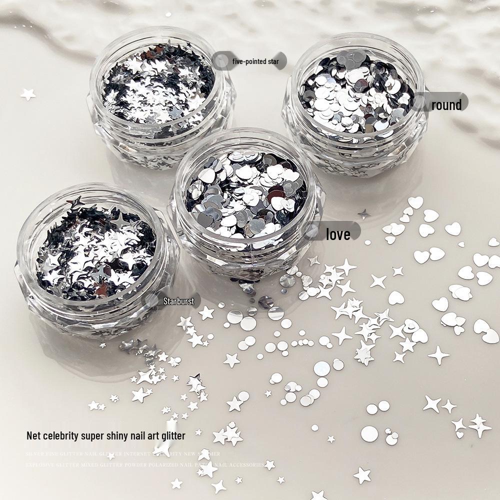 Super Flash Silver Sequin Nail Art - Korean Ins Style Star & Heart Glitter Decorations