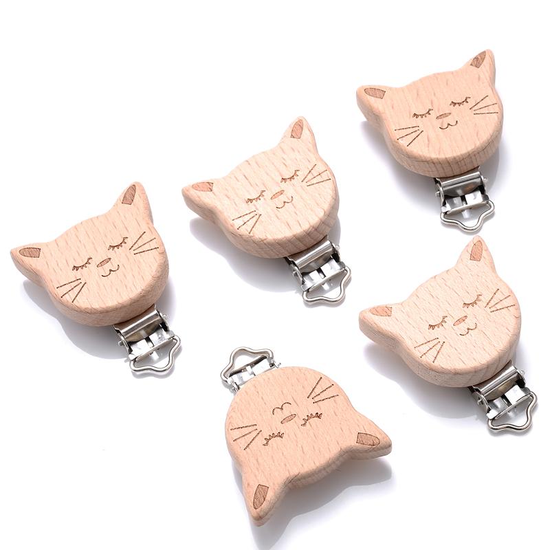 1Pcs Cute Modelling Beech Wood Pacifier Clip Baby DIY Cartoon Animal Wooden Log Pacifier Clips Nipple Chain Holder BPA Free