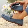 Office Preparation  Ladies' Fashion One Step Leg Loafers - Soft Soled, Casual Denim Blue Flat Shoes with Decorative Metal Buckles, PU Veneer Upper