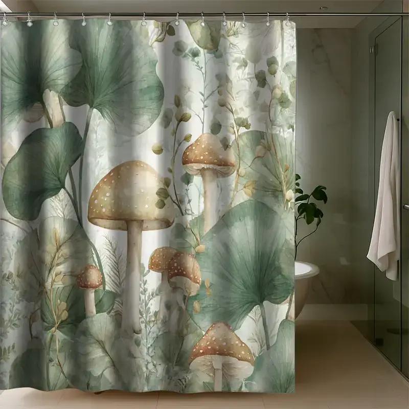 Botanical Mushroom Jungle Print Waterproof Polyester Shower Curtain Tropical Woodland Watercolor Bathroom Home Decor Luxury Bath