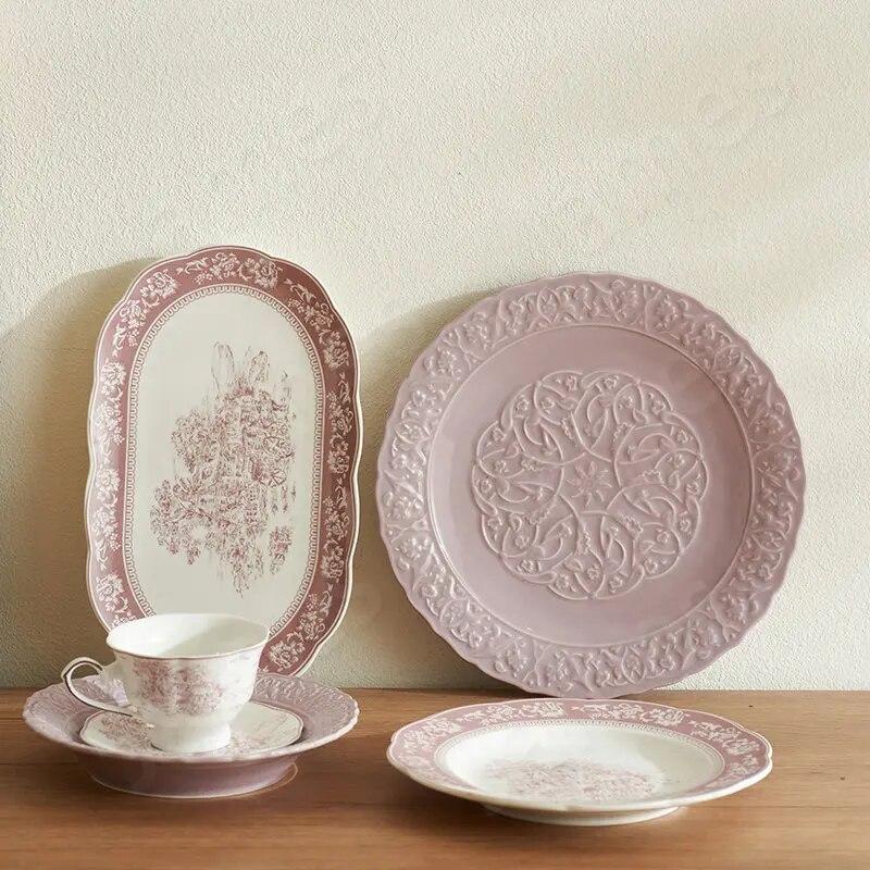 

Надглазурная дворцовая обеденная тарелка, современные рельефные фиолетовые тарелки, тарелки для стейка, пасты, тарелки для торта, десерта, посуда для овощного салата