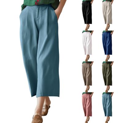Damen einfarbige Hose mit elastischem Bund, gerades Bein, lockere lässige Cropped-Hose