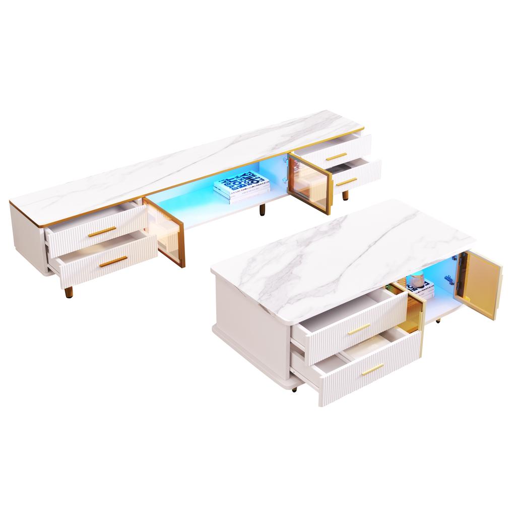 Coffee Table, TV Cabinet, Living Room Furniture, Glass Door, Alloy Frame, Drawers Wave Structure, Gold Handles and Legs, Tabletop Marble Structure.