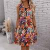 Women Plus Size Round Neck Sleeveless Short Dress Ethnic Paisley Floral Striped Print Lightweight Summer Loose Dress