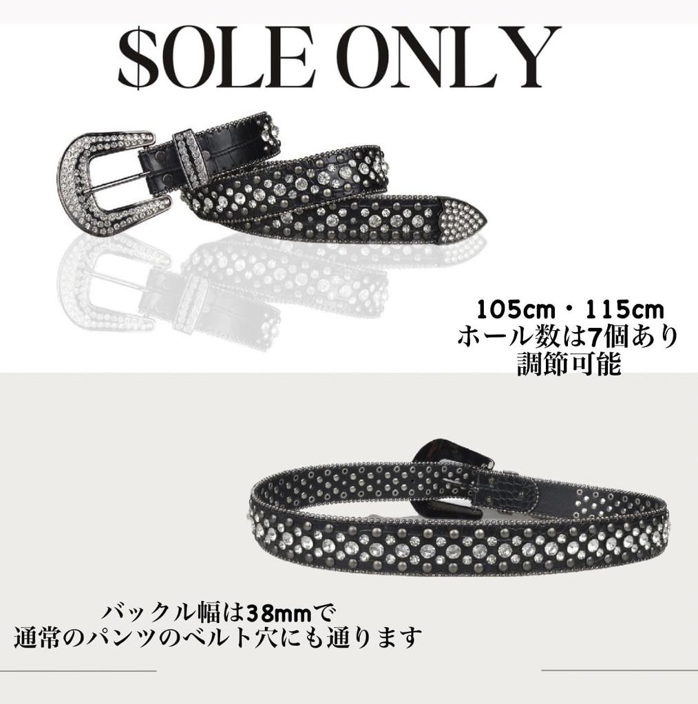 [$ole Only] Sole Only Belt, Glittery Black Bling Bling Hip Hop Western CZ Diamond Artificial Crocodile, 115cm, Cool, Men's, Women's, Unisex (Black