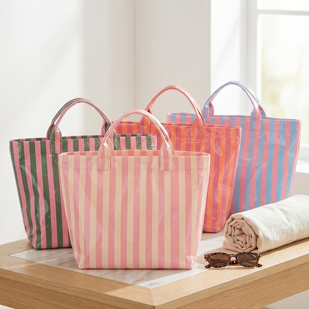 1pc Pink Vertical Stripe Tote Bag, Large Capacity Lightweight Design, with Soft-Touch Handle and Minimalist Silhouette,Women Bag