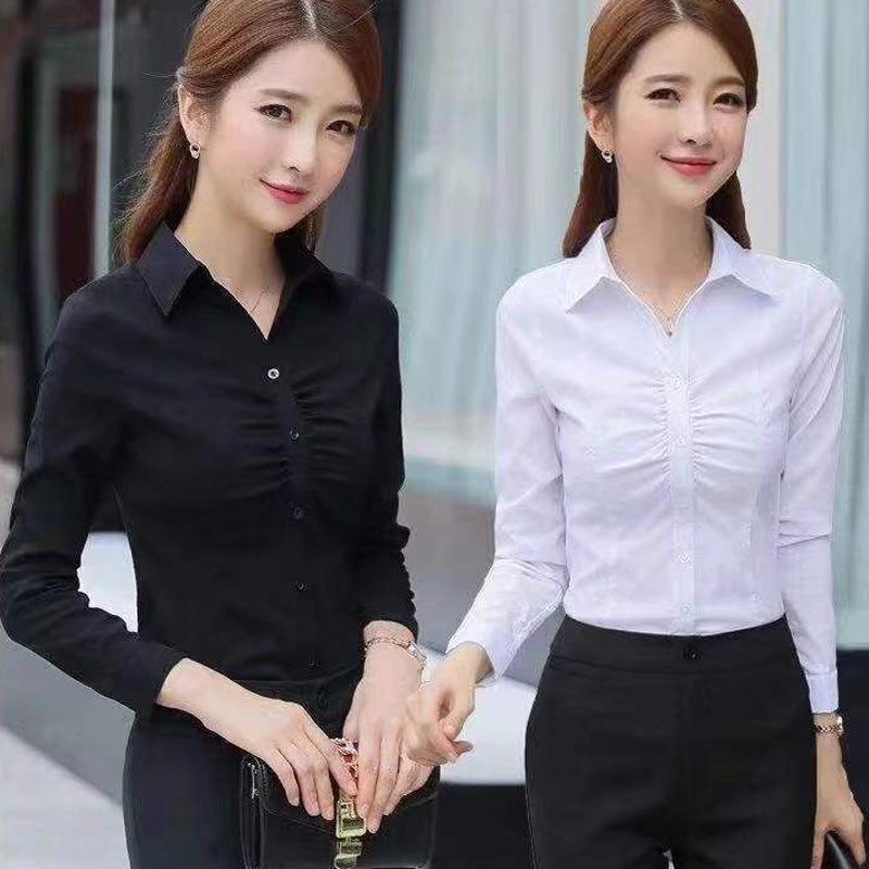 Women's Fashionable Blue Pleated Long Sleeve Shirt - Professional Workwear for Spring/Autumn