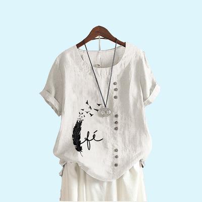 Blusa Feminina Estampada de Manga Curta Moda Verão Casual Gola Redonda Algodão Linho Camiseta Pulôver Top Solto