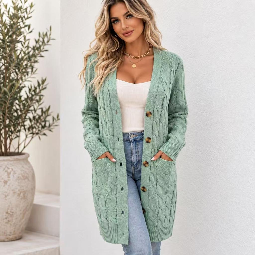 Cardigan lavorato a trecce da donna con scollo a V, chiusura a bottoni, maniche lunghe, lunghezza media con tasche