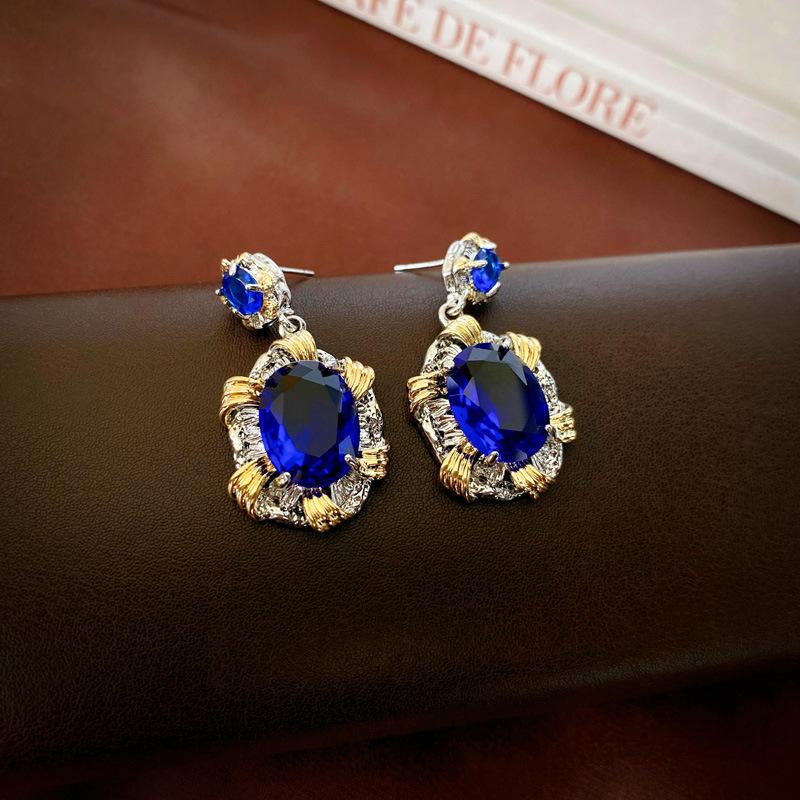 Vintage zircon oval geometric silver needle earrings French court style premium earrings