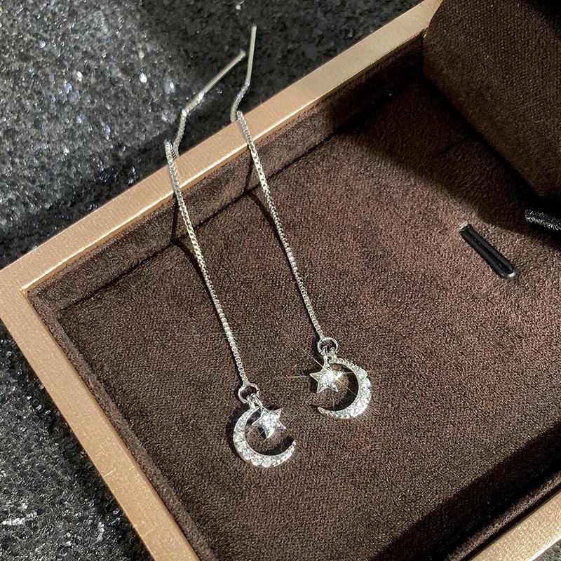 Tassel new long stud earrings for women, star and moon chain earrings, sweet design style jewelry