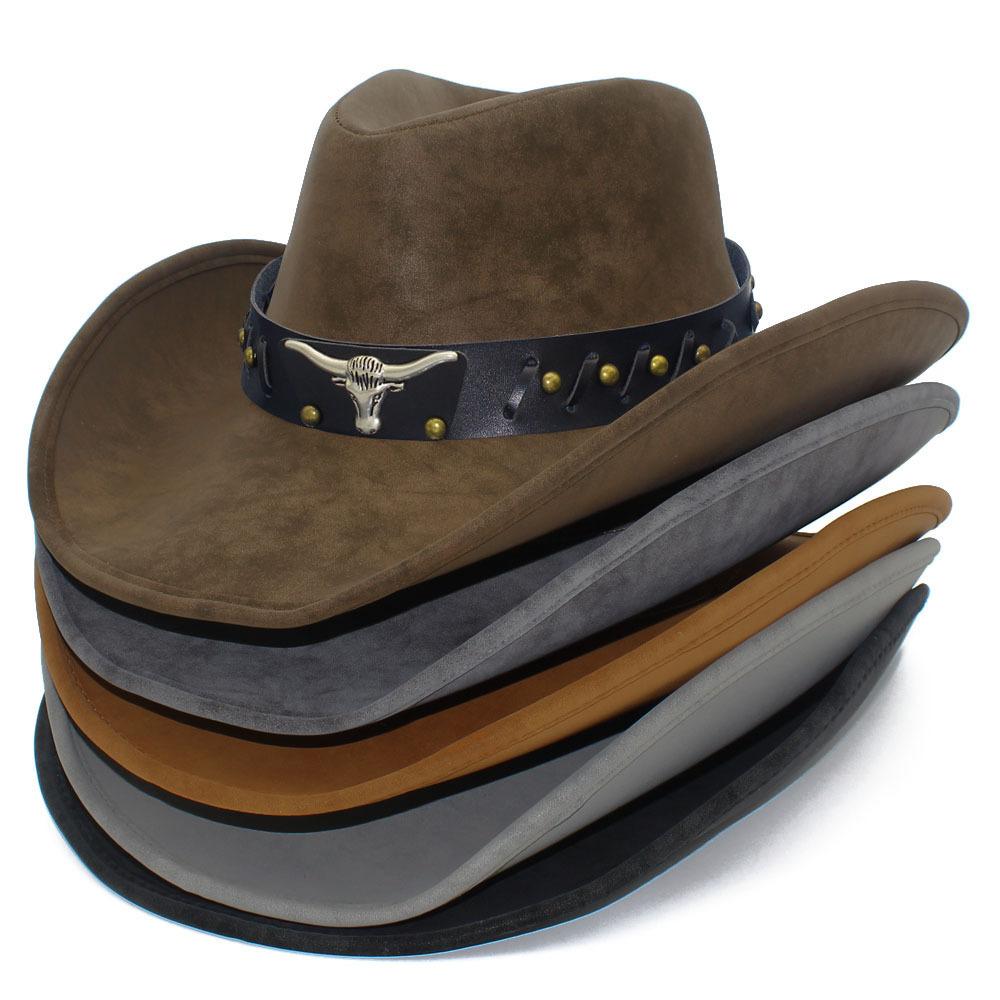 Bent-brimmed western cowboy hat cow head accessories high-end PU leather knight hat versatile top hat