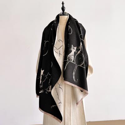 Luxuriöser Winter Kaschmir Schal mit kleinem Katzenprint Damen Warm Pashmina Poncho Schals Mode Schal Dick Foulard Bufanda