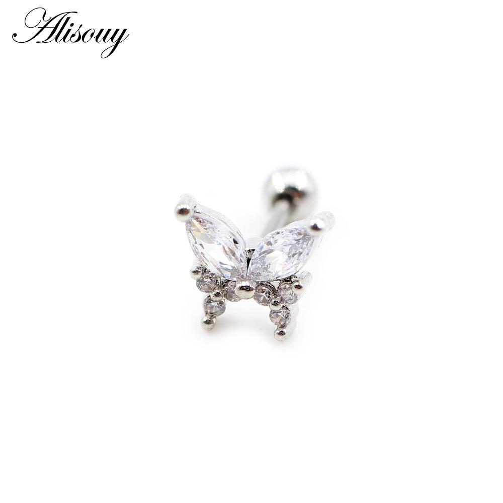 Alisouy 2PCS Butterfly Resin Zircon Ball Stainless Steel Women Men Ear Stud Earrings Cartilage Tragus Helix Pierceing Jewelry