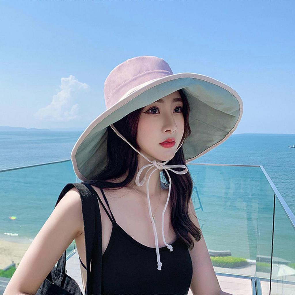 All-match Big Brim Cover Face Fisherman Hat Summer Bucket Hat for w/ Windproof Rope for Sun Hat Sunscreen for Outdoor Ac Khaki