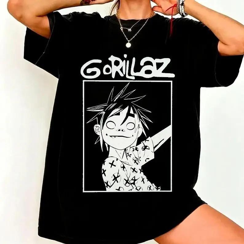 Gorillaz 2-D Band Virtuale Ritratto Grafico Vintage Lavaggio Acido Oversize Streetwear Hip Hop Fan Merch T-Shirt Top per Fan dei Gorillaz Amante della Musica