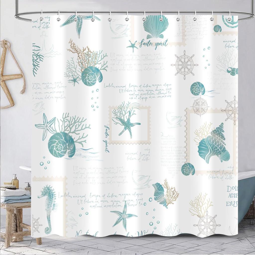 Coastal Beach Seahorse Starfish Shower Curtain, Ocean Themed Scallop Nautical Beach Scene Seashell Shower Curtains for Bathroom