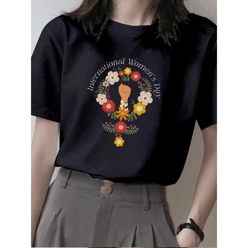 

European Size Women s International Women s Day Floral & Feminist Slogan T-Shirt - Short Sleeve Round Neck Casual Top with Female Empowerment Design 4XL чорний