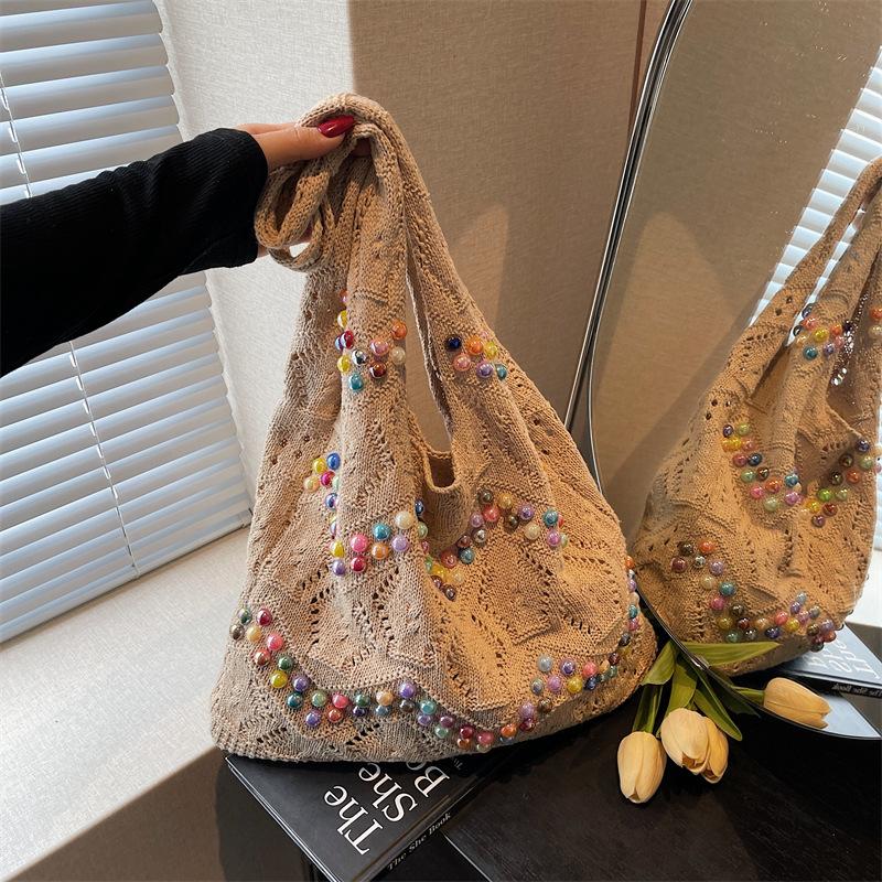 Knitted Hollow Bag Women's Large-capacity New Casual Shoulder Woven Bag Tote Vacation Beach Bag