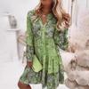 Women's Fashion Spring Fall Flower Pattern Print Long Sleeve Stand-collar Loose Waistline Casual Dresses