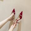 L-101 2025 Baotou Rhinestone Sandals Female Sexy One-Word Strap Stiletto Fairy Style High Heels Red Wedding Shoes