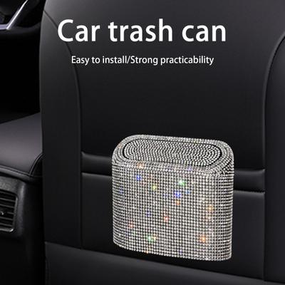 Cubo de Basura para Coche Bling Brillo Pedrería Cuadrado Caja de Presión Lata Almacenamiento Recogedor de Basura
