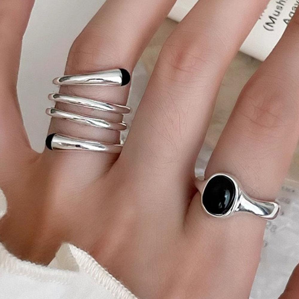 BF CLUB Silver Color Rings for Women Fashion Geometric Handmade Irregular Black Stone Ring Party Christmas Gift