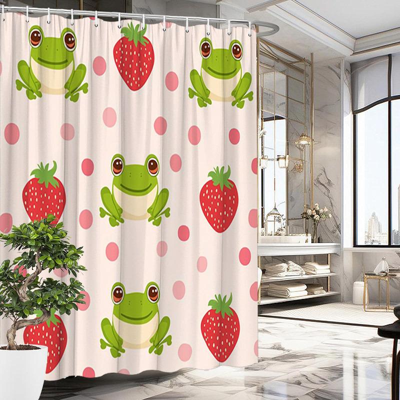 

1 шт. Мультяшная шторка для душа с лягушками и клубникой - Игривые зеленые лягушки на розовом, Полиэстер, Прочная, Легко ухаживать, Причудливый дизайн W90XH180cm