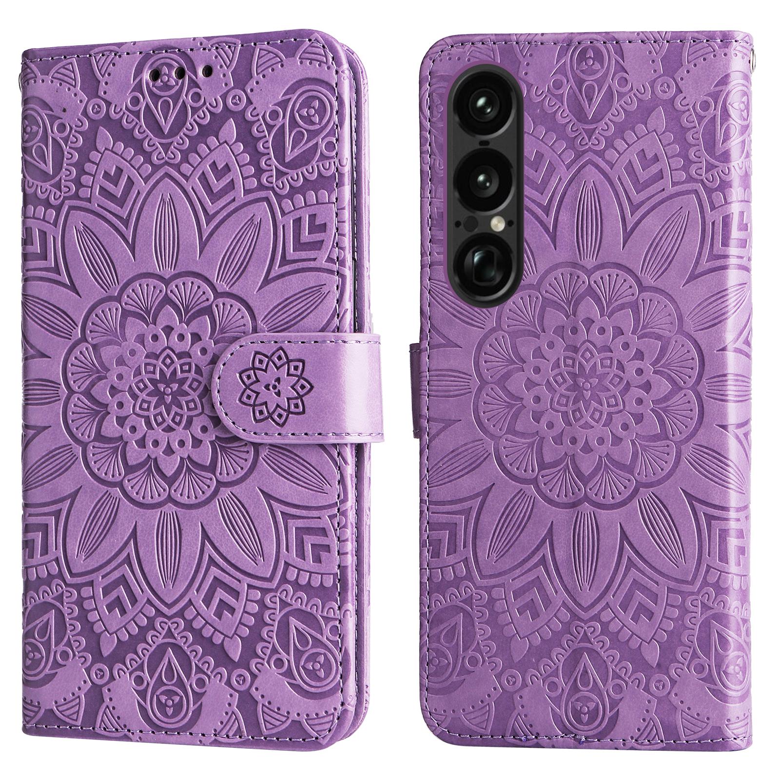 

For Sony Xperia 1 VII Case Sunflower Imprint Leather Wallet Phone Cover Purple