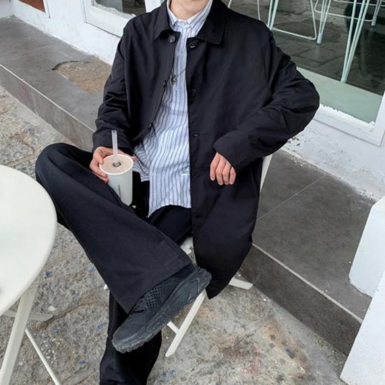 Men Double Breasted Windbreaker Coat Long Sleeve Lapel Solid Color Loose Fit Casual Mid Length Trench Coat with Pockets