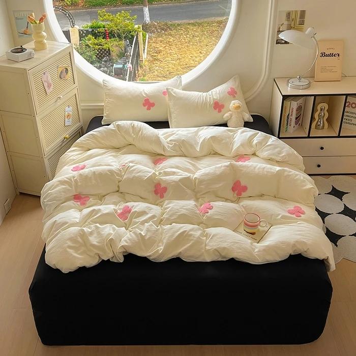 

New Duvet cover set (1*Duvet Cover + 2*Pillowcase, sheet), Butterfly knot yarn embroidery Bedding Set, Soft Comfortable 1.2m sheet 3pcs
