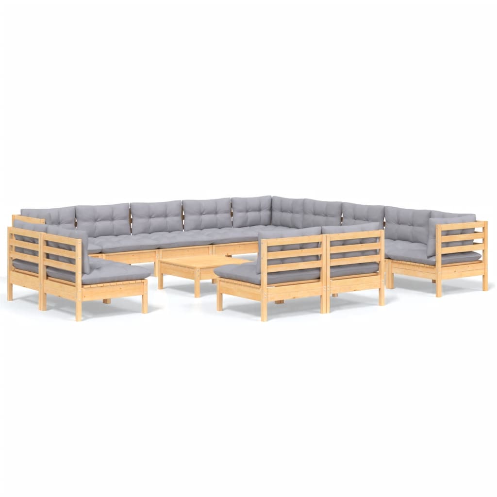 14 Piece Garden Lounge Set with Grey Cushions Solid Pine Wood