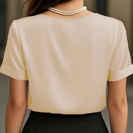 Damen T-Shirt Einfarbige Lockere Passform Glattes Satin V-Ausschnitt Kurzarm Oberteile Sommer Lässiges T-Shirt Tägliche Kleidung