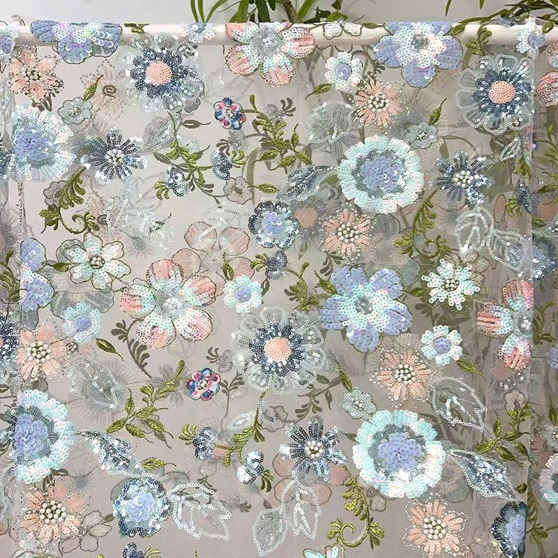 Floral Sequin Bead Embroidery Fabric Lace Tulle Fabric for DIY Sewing Girl Dress Party Dress Wedding Dress Handmade Fabric