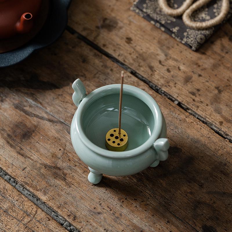 Celadon Ceramic Tripod Incense Holder for Home, Small Size, Ideal for Stick and Sandalwood Incense, Buddha Altar Supplies.