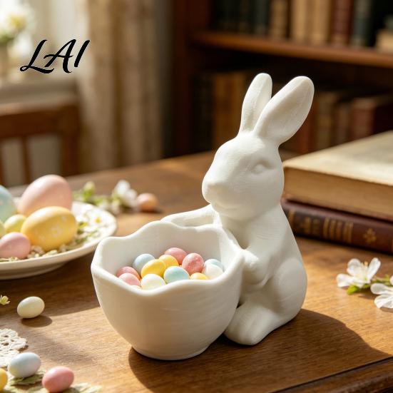 Decorative Bunny Candy Container 3D Printed Easter Bowl Cute Rabbit Holding Bowl Figurine DIY Paintable White Desk Smooth Surface Decor for