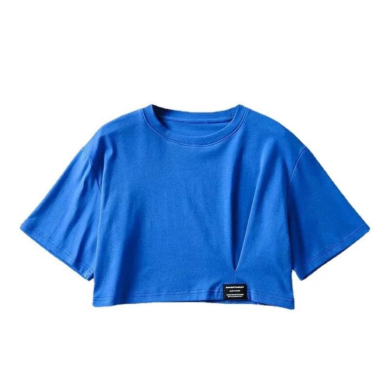 Harajuku მარტივი სოლიდური Crop Top ქალების ყოველდღიური მოკლემკლავიანი მაისური ზაფხულის სექსუალური თავისუფალი ახალგაზრდა გოგოს მოკლე მაისური კორეული ტანსაცმლის ტოპები