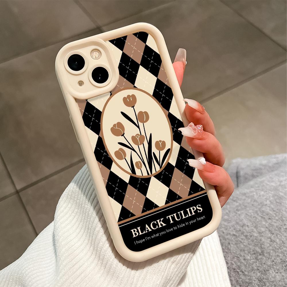 For iPhone 16 15 14 13 12 11 Pro Max XS Max XR X SE 8 7 Soft Silicone Vintage Tulips Lozenge Shape Pattern Full Lens Protect Phone Case Cover