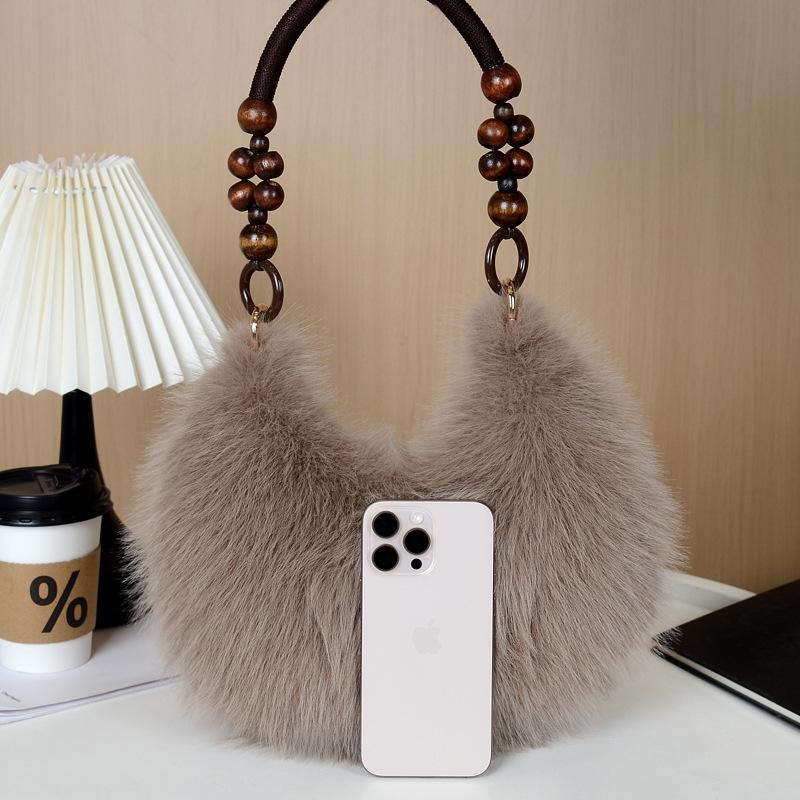 Kobiqiu Furry Wooden Bead Handbag: Trendy, Versatile, New Chinese Style for Autumn and Winter