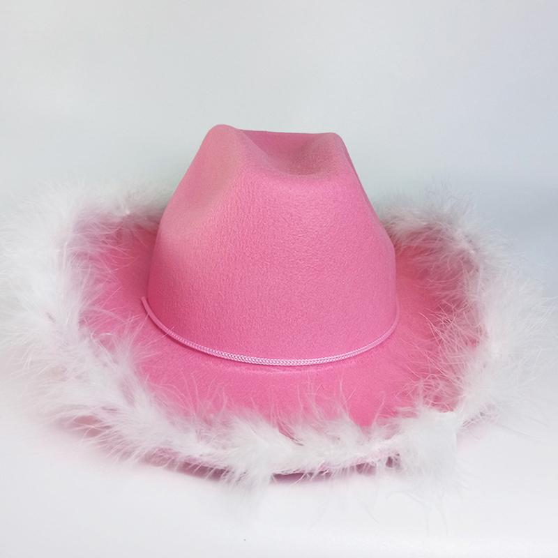 1Pc Gorgeous Fluffy Feather Brim Cowboy Hat Wide Brim Cowgirl Hat All-Match For Mardi Gras Rave Play Dress Up