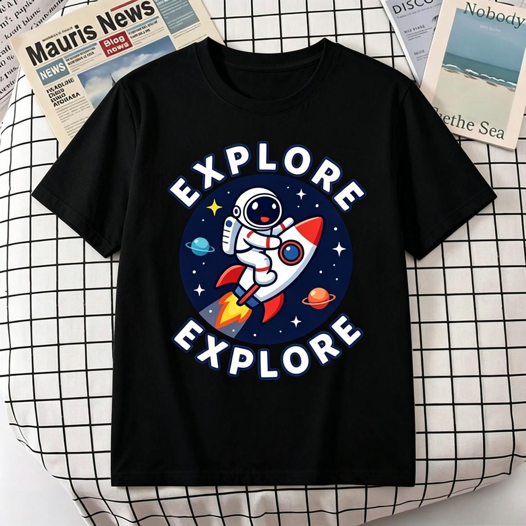 Unisex 100 Cotton TShirt Explore Cute Astronaut Ride Rocket Planet Star Space Print Oversize Casual Short Sleeve Tee