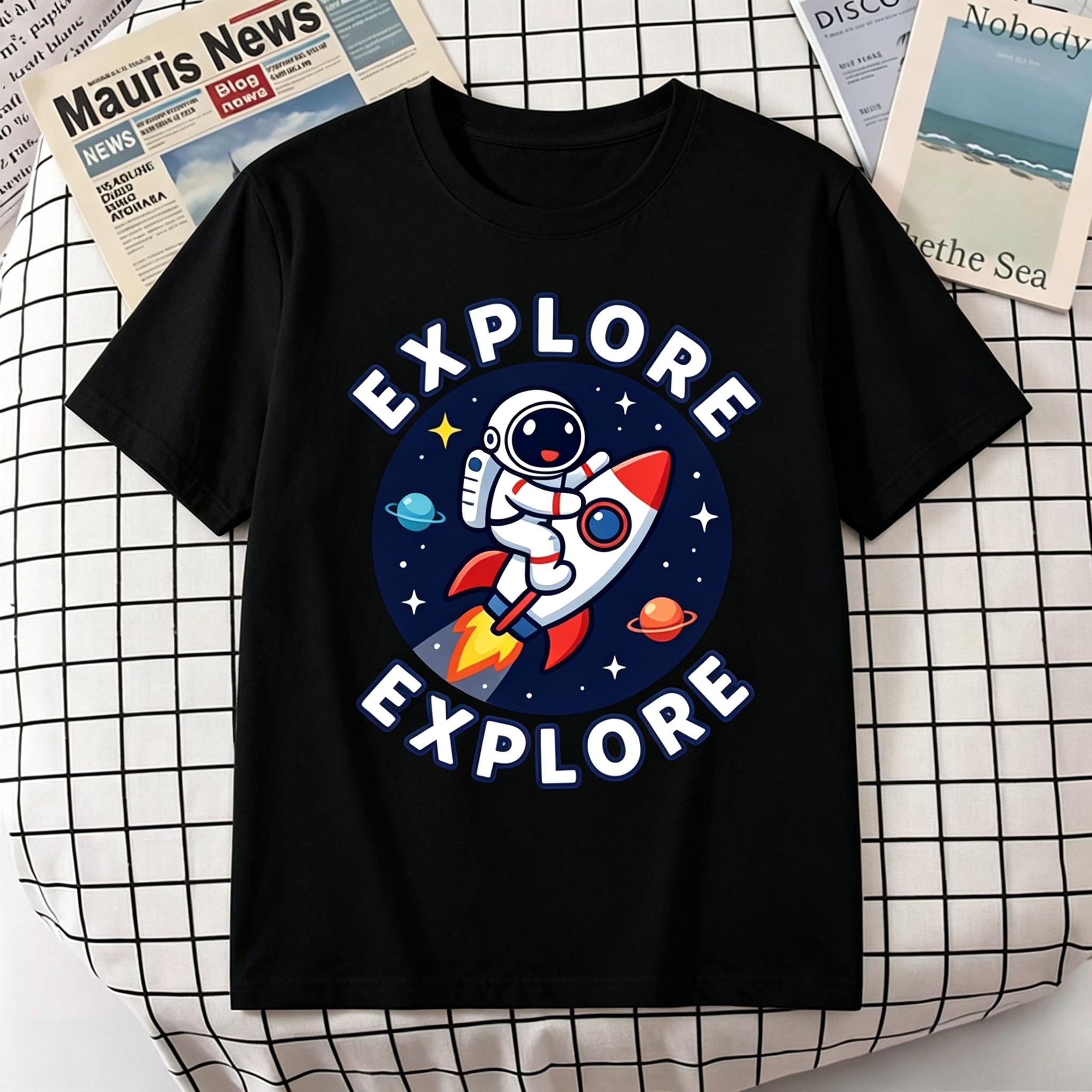 Unisex 100 Cotton TShirt Explore Cute Astronaut Ride Rocket Planet Star Space Print Oversize Casual Short Sleeve Tee M